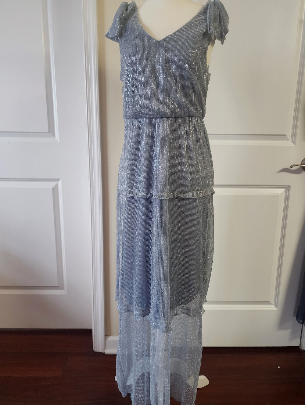 Shimmery Silver V-Neck Tiered Maxi Dress